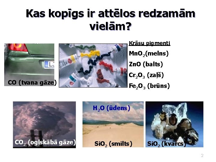 Kas kopīgs ir attēlos redzamām vielām? Krāsu pigmenti Mn. O 2(melns) Zn. O (balts)