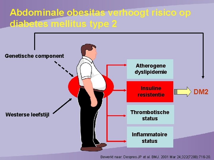 Abdominale obesitas verhoogt risico op diabetes mellitus type 2 Genetische component Atherogene dyslipidemie Insuline