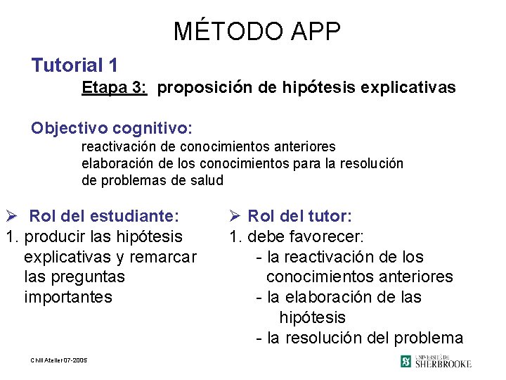 MÉTODO APP Tutorial 1 Etapa 3: proposición de hipótesis explicativas Objectivo cognitivo: reactivación de