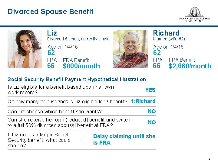 Divorced Spouse Benefit Liz Richard Age on 1/4/16 FRA Divorced 5 times, currently single