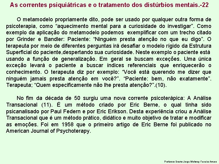 As correntes psiquiátricas e o tratamento dos distúrbios mentais. -22 O metamodelo propriamente dito,