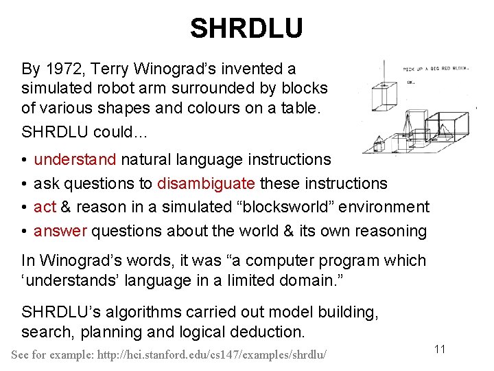 SHRDLU By 1972, Terry Winograd’s invented a simulated robot arm surrounded by blocks of