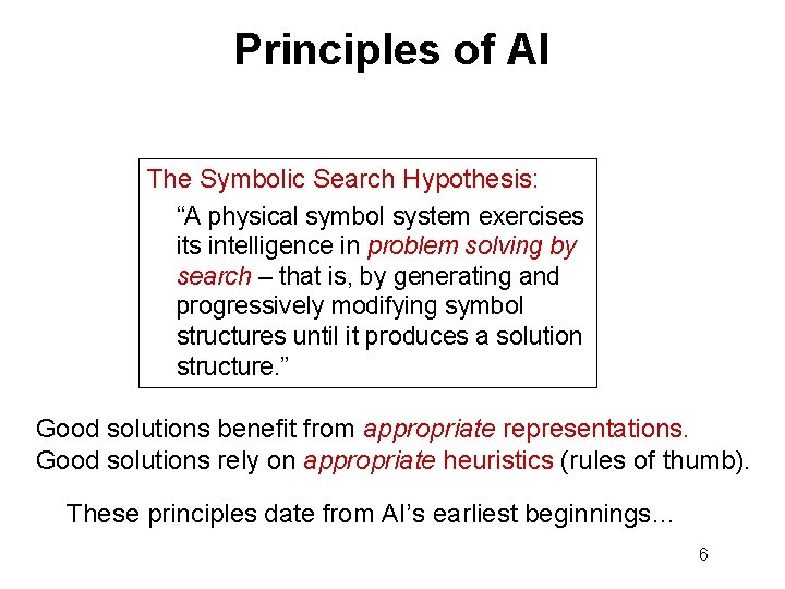 Principles of AI The Symbolic Search Hypothesis: “A physical symbol system exercises its intelligence