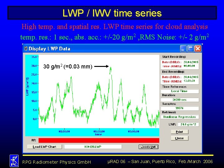 LWP / IWV time series High temp. and spatial res. LWP time series for
