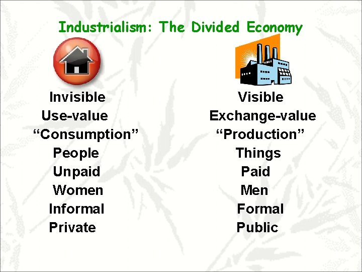 Industrialism: The Divided Economy Invisible Use-value “Consumption” People Unpaid Women Informal Private Visible Exchange-value