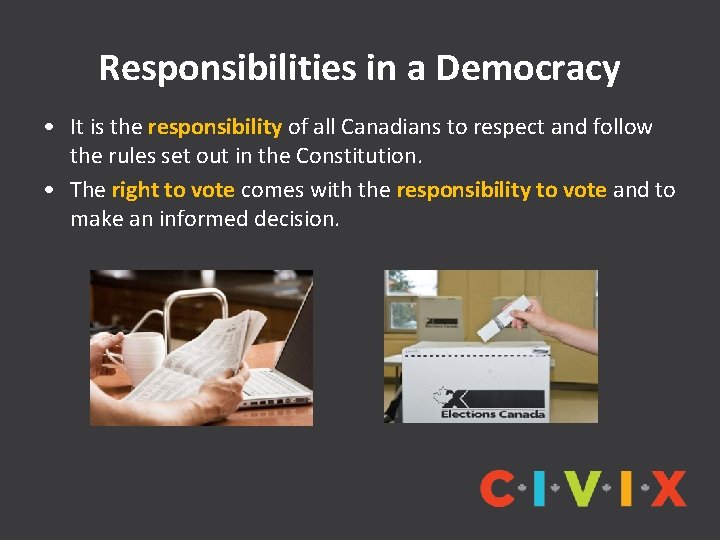 Responsibilities in a Democracy • It is the responsibility of all Canadians to respect
