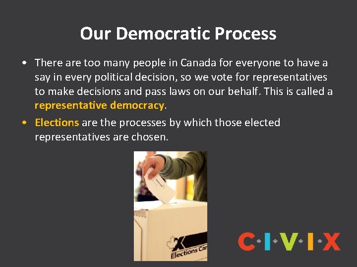 Our Democratic Process • There are too many people in Canada for everyone to