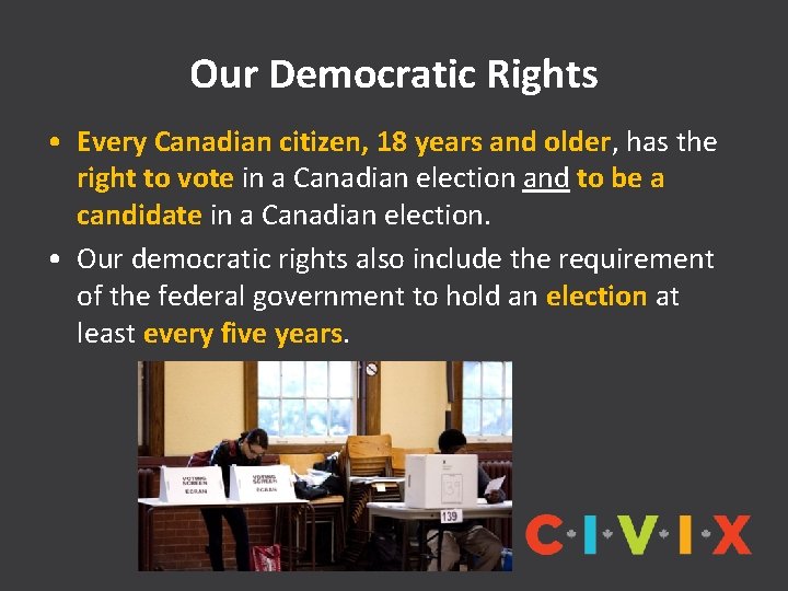 Our Democratic Rights • Every Canadian citizen, 18 years and older, has the right