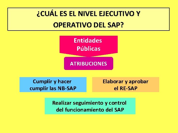 ¿CUÁL ES EL NIVEL EJECUTIVO Y OPERATIVO DEL SAP? Entidades Públicas ATRIBUCIONES Cumplir y