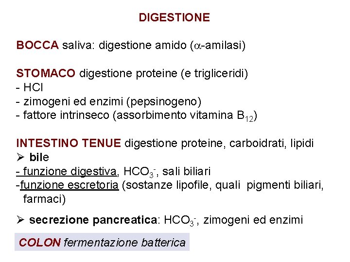 DIGESTIONE BOCCA saliva: digestione amido ( -amilasi) STOMACO digestione proteine (e trigliceridi) - HCl