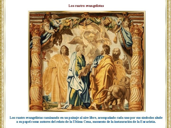 Los cuatro evangelistas caminando en un paisaje al aire libre, acompañado cada uno por
