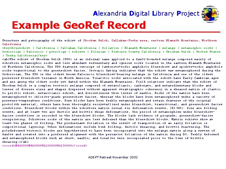 Alexandria Digital Library Project Example Geo. Ref Record Structure and petrography of the schist