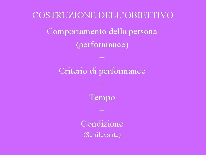 COSTRUZIONE DELL’OBIETTIVO Comportamento della persona (performance) + Criterio di performance + Tempo + Condizione