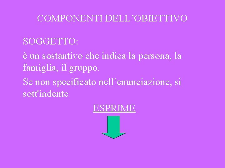 COMPONENTI DELL’OBIETTIVO SOGGETTO: è un sostantivo che indica la persona, la famiglia, il gruppo.