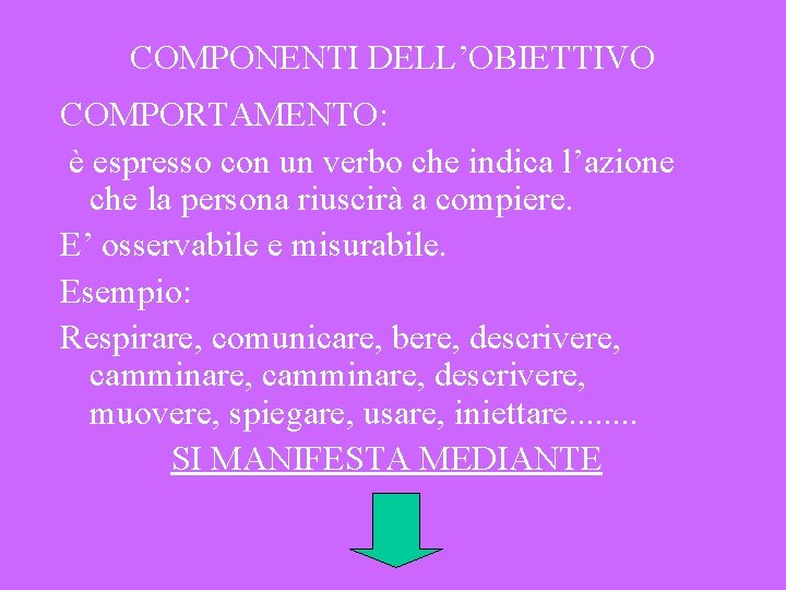 COMPONENTI DELL’OBIETTIVO COMPORTAMENTO: è espresso con un verbo che indica l’azione che la persona