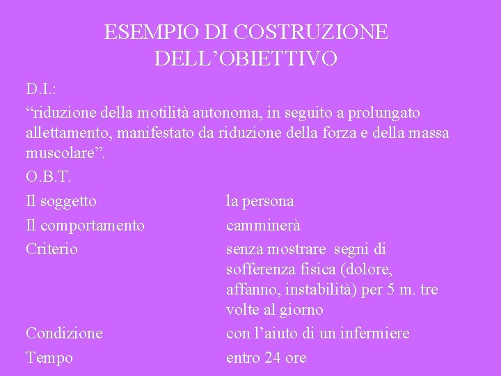 ESEMPIO DI COSTRUZIONE DELL’OBIETTIVO D. I. : “riduzione della motilità autonoma, in seguito a