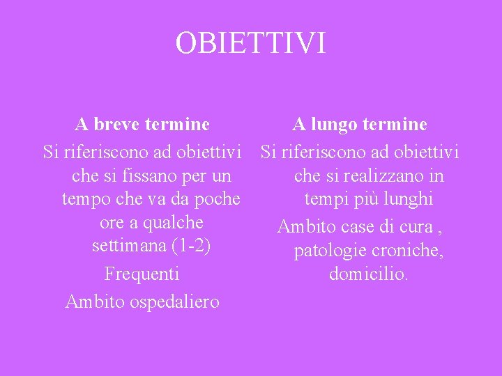 OBIETTIVI A breve termine A lungo termine Si riferiscono ad obiettivi che si fissano