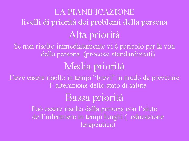 LA PIANIFICAZIONE livelli di priorità dei problemi della persona Alta priorità Se non risolto