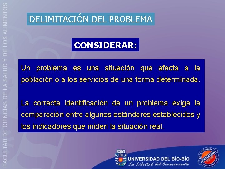 DELIMITACIÓN DEL PROBLEMA CONSIDERAR: Un problema es una situación que afecta a la población