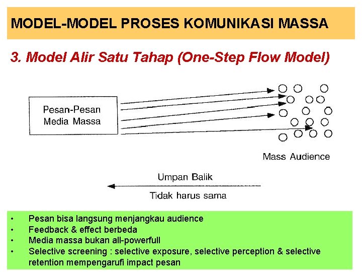MODEL-MODEL PROSES KOMUNIKASI MASSA 3. Model Alir Satu Tahap (One-Step Flow Model) • •