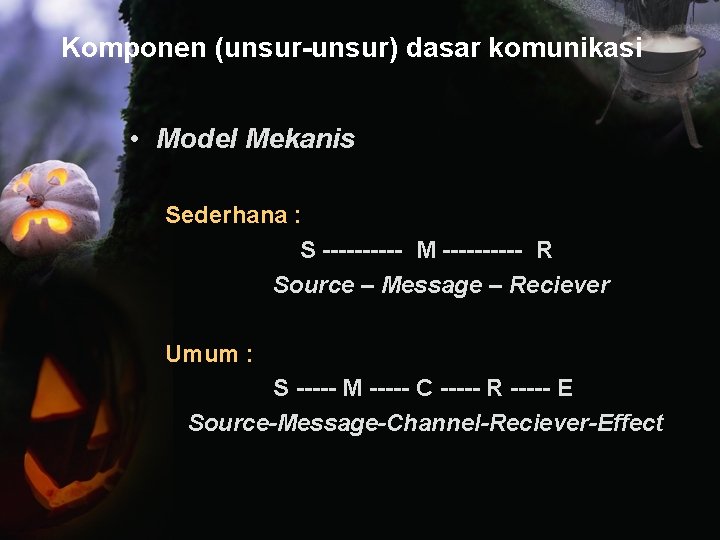 Komponen (unsur-unsur) dasar komunikasi • Model Mekanis Sederhana : S ----- M ----- R