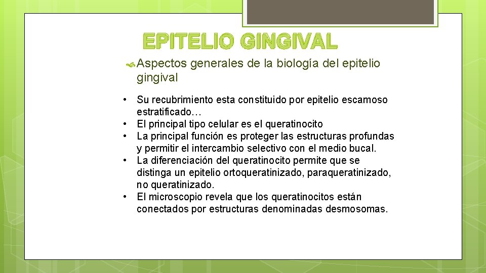 EPITELIO GINGIVAL Aspectos generales de la biología del epitelio gingival • Su recubrimiento esta