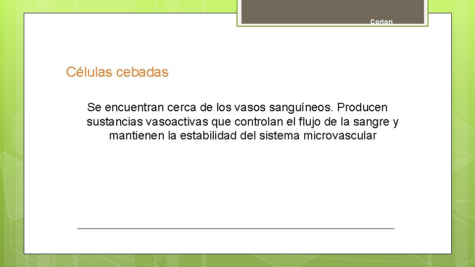 Corion Células cebadas Se encuentran cerca de los vasos sanguíneos. Producen sustancias vasoactivas que