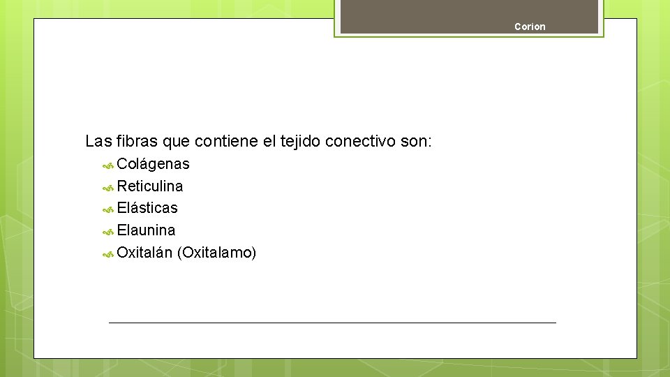 Corion Las fibras que contiene el tejido conectivo son: Colágenas Reticulina Elásticas Elaunina Oxitalán
