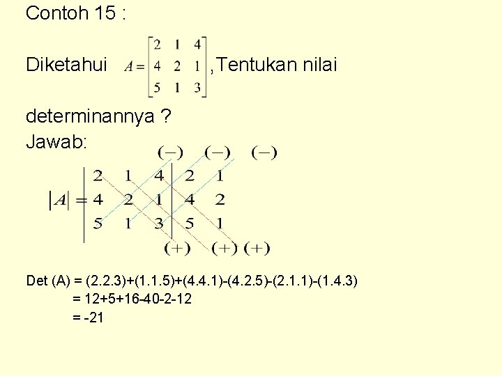 Contoh 15 : Diketahui , Tentukan nilai determinannya ? Jawab: Det (A) = (2.