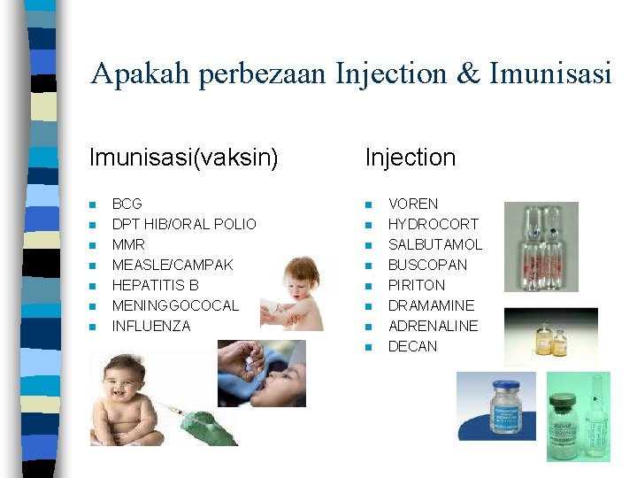 Apakah perbezaan Injection & Imunisasi(vaksin) n n n n BCG DPT HIB/ORAL POLIO MMR