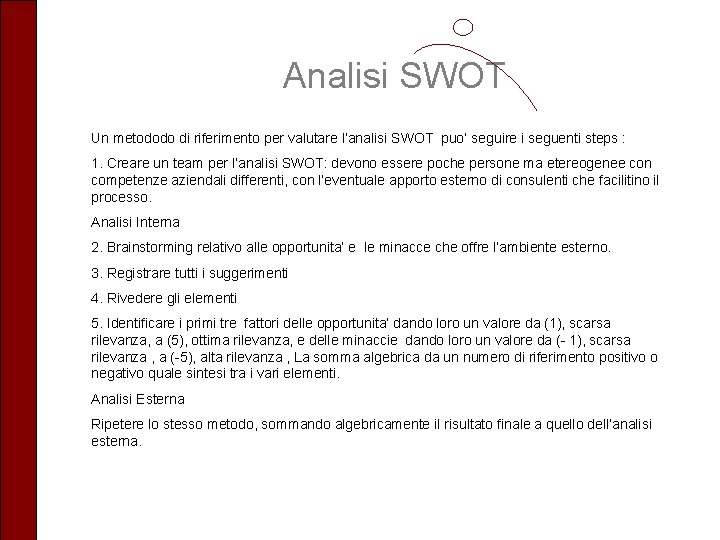 Analisi SWOT Un metododo di riferimento per valutare l’analisi SWOT puo’ seguire i seguenti