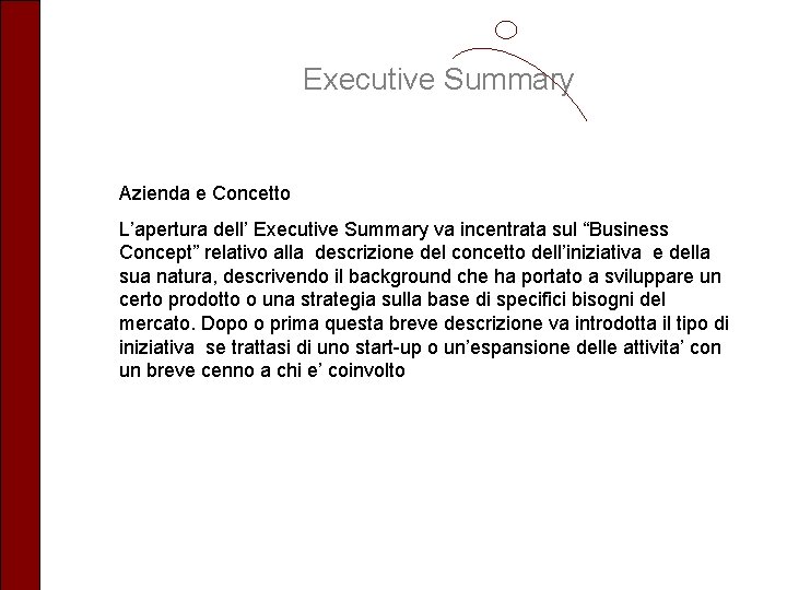 Executive Summary Azienda e Concetto L’apertura dell’ Executive Summary va incentrata sul “Business Concept”