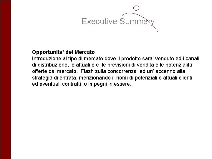 Executive Summary Opportunita’ del Mercato Introduzione al tipo di mercato dove il prodotto sara’