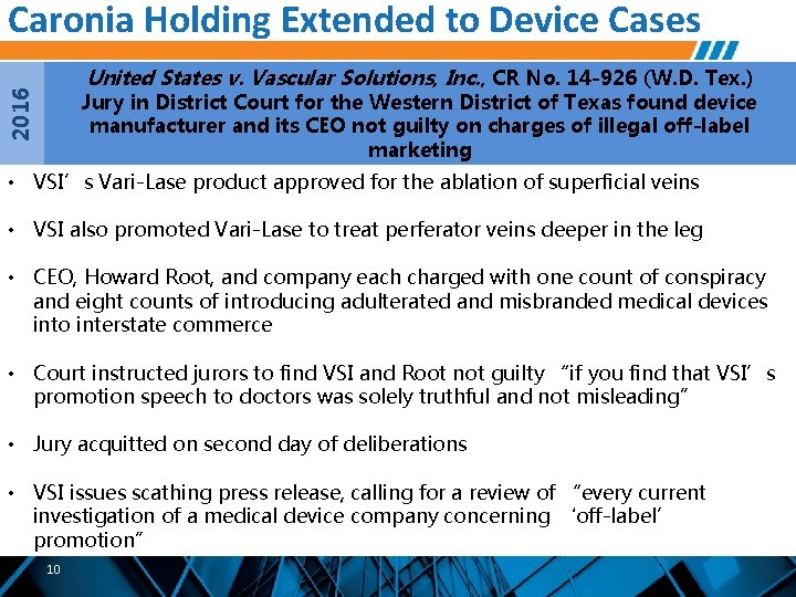 Caronia Holding Extended to Device Cases 2016 United States v. Vascular Solutions, Inc. ,