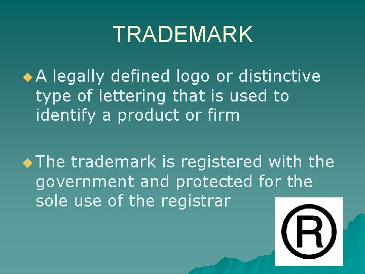 TRADEMARK u. A legally defined logo or distinctive type of lettering that is used