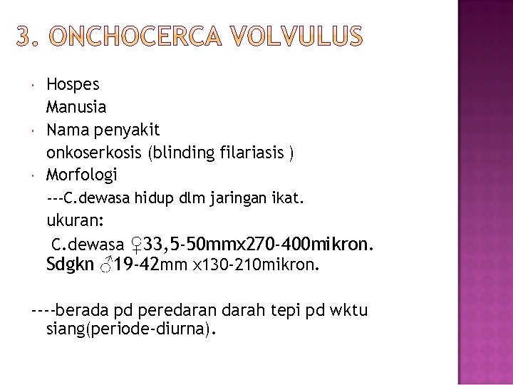  Hospes Manusia Nama penyakit onkoserkosis (blinding filariasis ) Morfologi ---C. dewasa hidup dlm