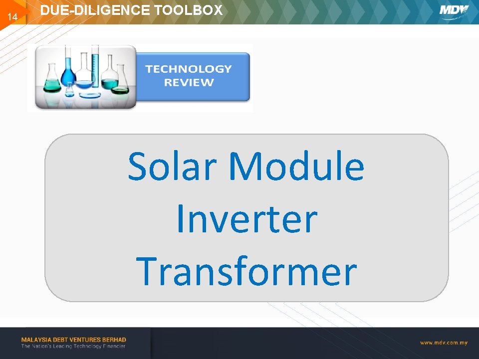 14 DUE-DILIGENCE TOOLBOX Solar Module Inverter Transformer www. mdv. com. my 