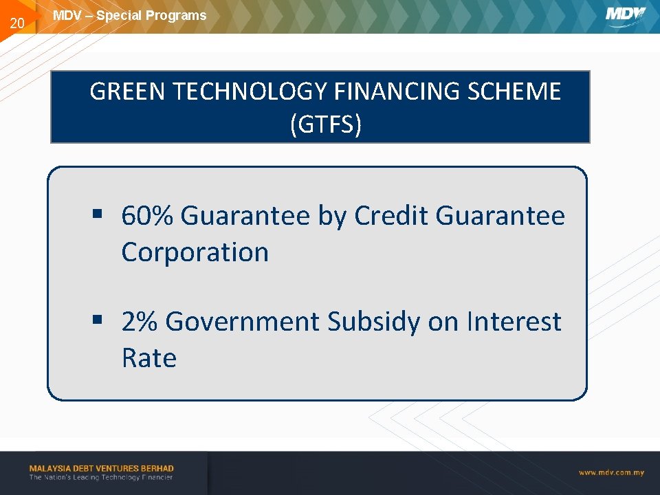 20 MDV – Special Programs GREEN TECHNOLOGY FINANCING SCHEME (GTFS) § 60% Guarantee by