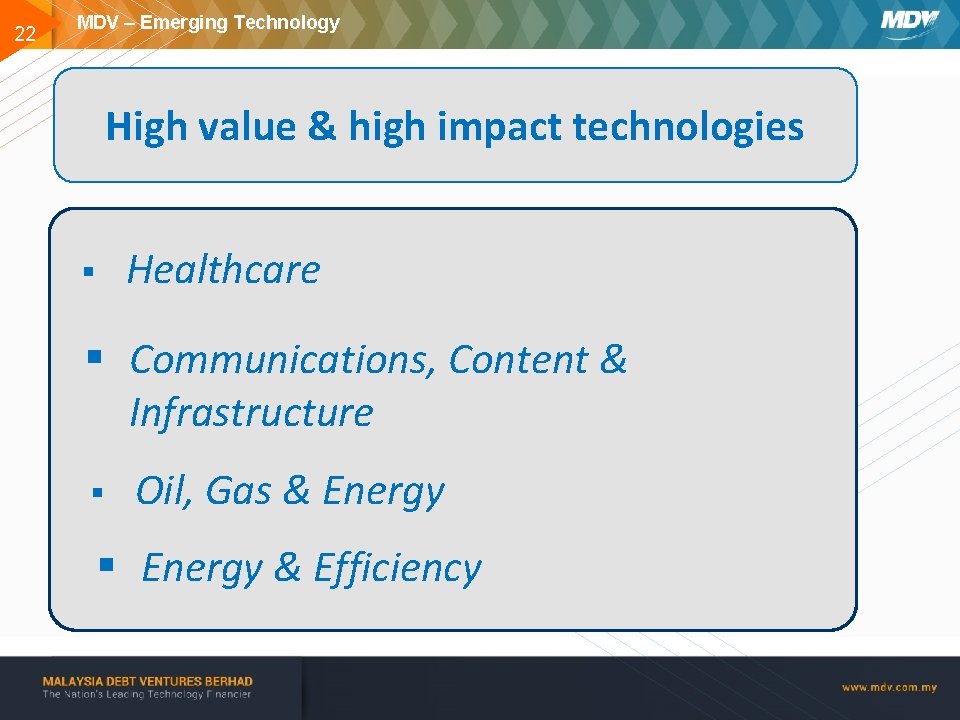 22 MDV – Emerging Technology High value & high impact technologies Healthcare § §