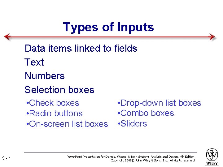 Types of Inputs • • Data items linked to fields Text Numbers Selection boxes