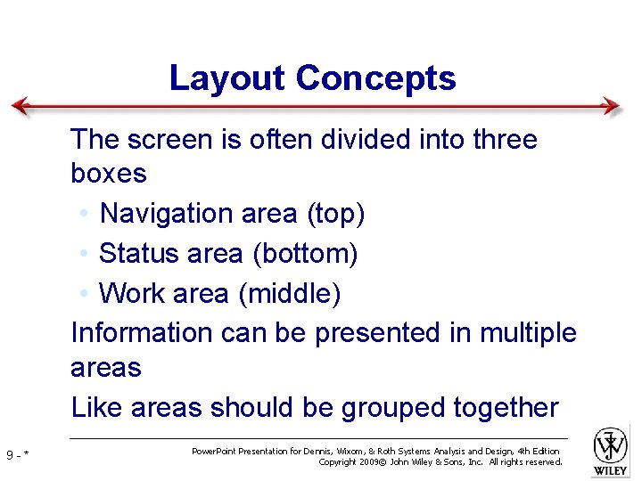 Layout Concepts • The screen is often divided into three boxes • Navigation area