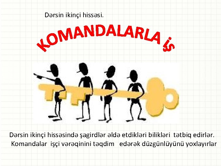 Dərsin ikinçi hissəsi. Dərsin ikinçi hissəsində şagirdlər əldə etdikləri bilikləri tətbiq edirlər. Komandalar işçi