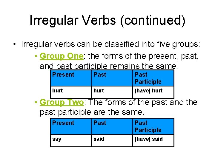 Irregular Verbs (continued) • Irregular verbs can be classified into five groups: • Group