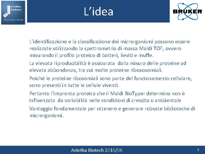 L’idea L’identificazione e la classificazione dei microrganismi possono essere realizzate utilizzando la spettrometria di