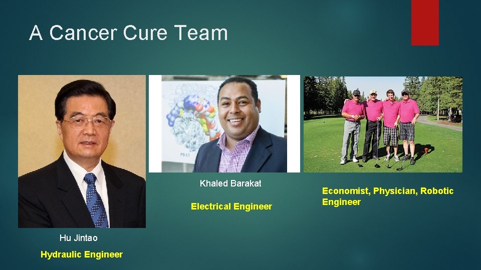 A Cancer Cure Team Khaled Barakat Electrical Engineer Hu Jintao Hydraulic Engineer Economist, Physician,