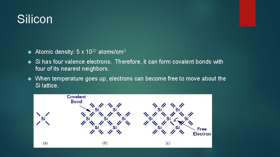 Silicon Atomic density: 5 x 1022 atoms/cm 3 Si has four valence electrons. Therefore,