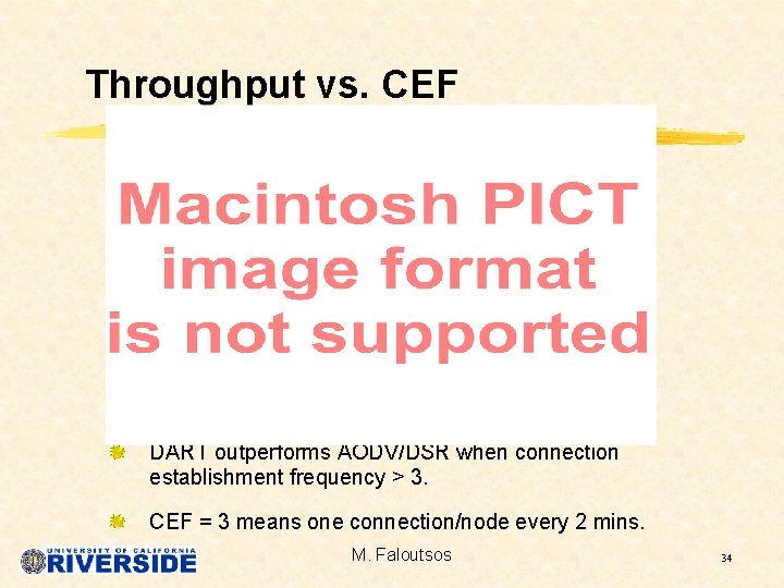 Throughput vs. CEF DART outperforms AODV/DSR when connection establishment frequency > 3. CEF =