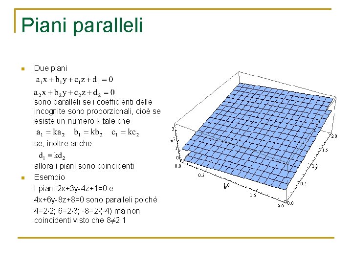 Piani paralleli n Due piani sono paralleli se i coefficienti delle incognite sono proporzionali,