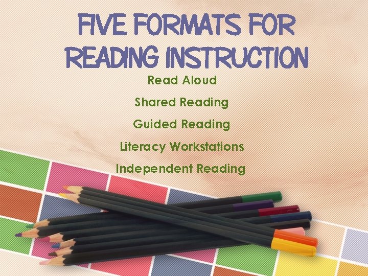FIVE FORMATS FOR READING INSTRUCTION Read Aloud Shared Reading Guided Reading Literacy Workstations Independent