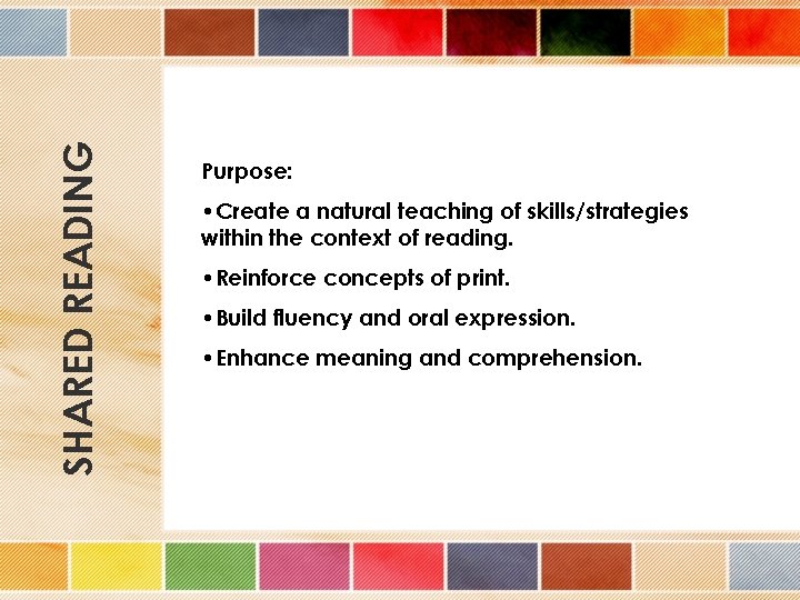 SHARED READING Purpose: • Create a natural teaching of skills/strategies within the context of